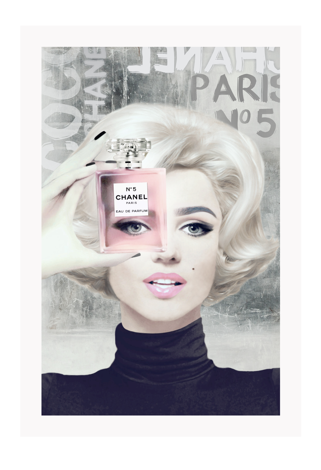 Fashion illustration iconic Marilyn Monroe holding Chanel perfume bottle in pink 