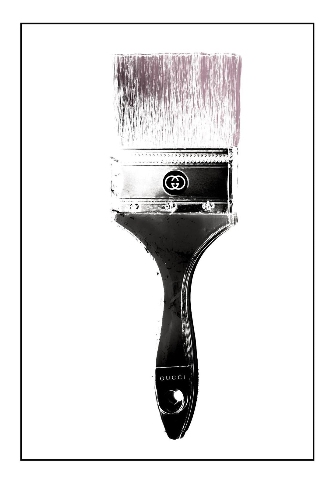 Pink brush with silver and black Gucci paint on white background minimal fashion print 