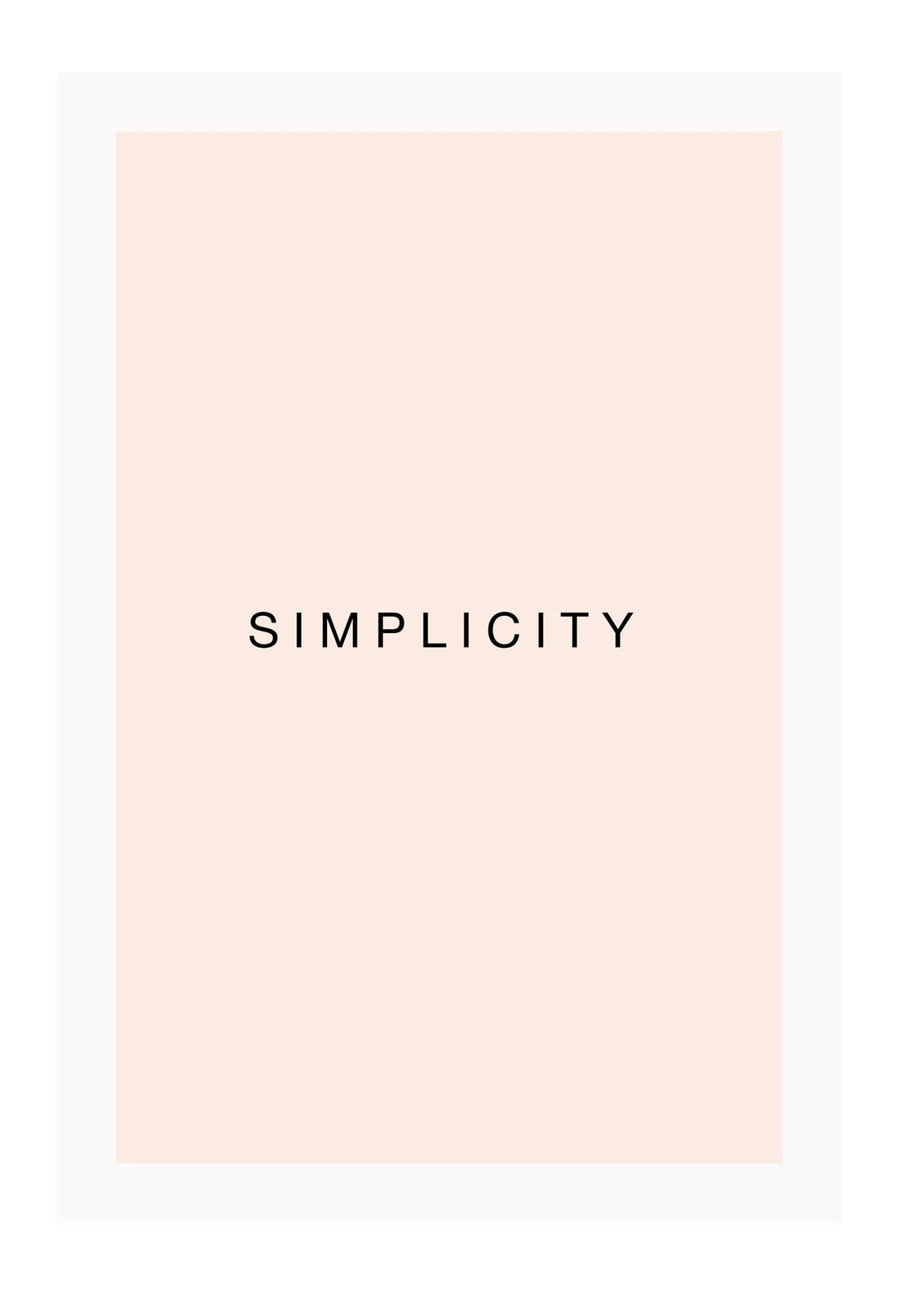 Minimal scandi art portrait of word simplicity word black text on blush rose pink background.