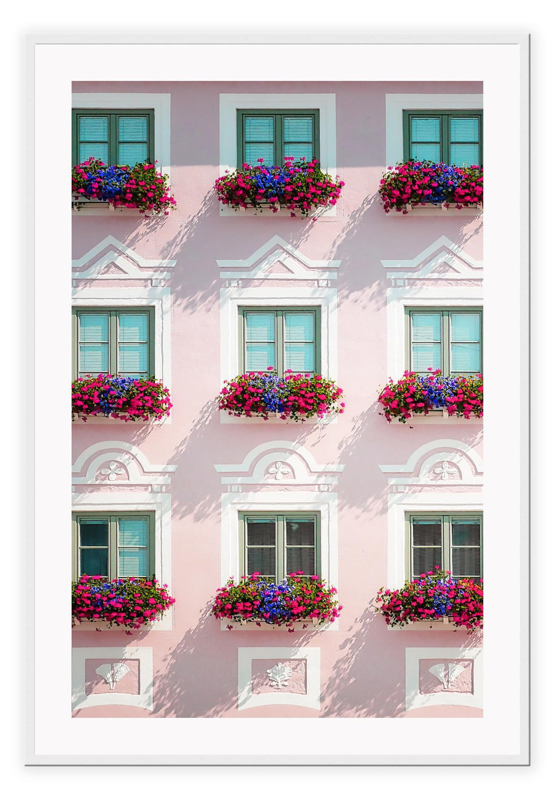 An italian architecture wall art with a pink classic European building facade and floral boutique on balconies. 