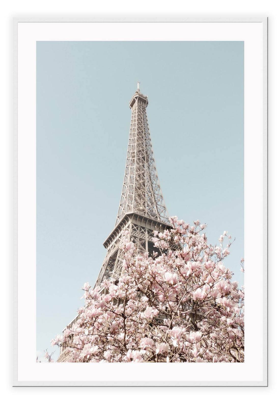 Eiffel tower Paris print with pink cherry blossoms and blue sky, pastel colours and dynamic view 