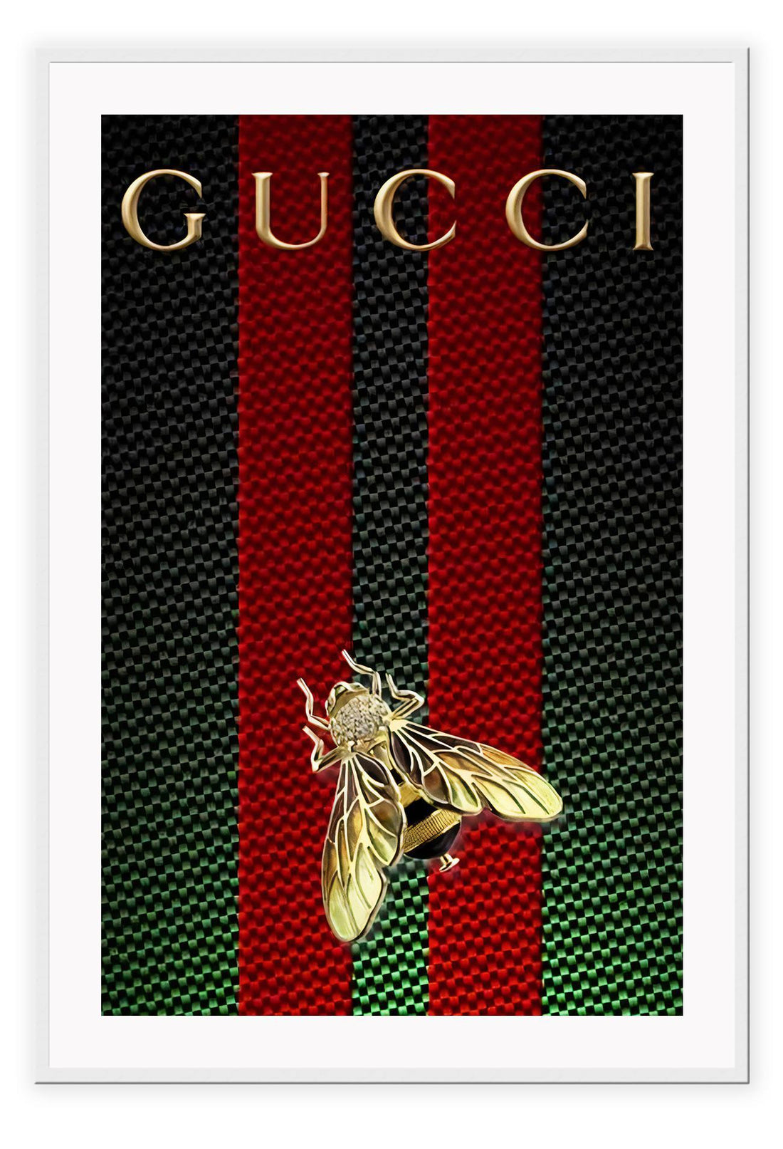 Print with Gucci logo and a bee in gold in the centre on a green and black checkered background with two vertical red stripes