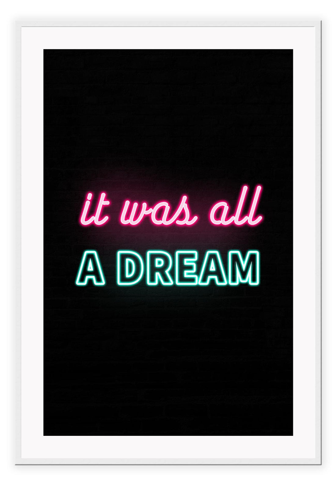 Typography neon sign Biggie Smalls Iconic Tupac song lyrics song pink and teal on black background